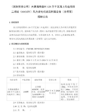 海南120万千瓦海上风电项目二场址招标