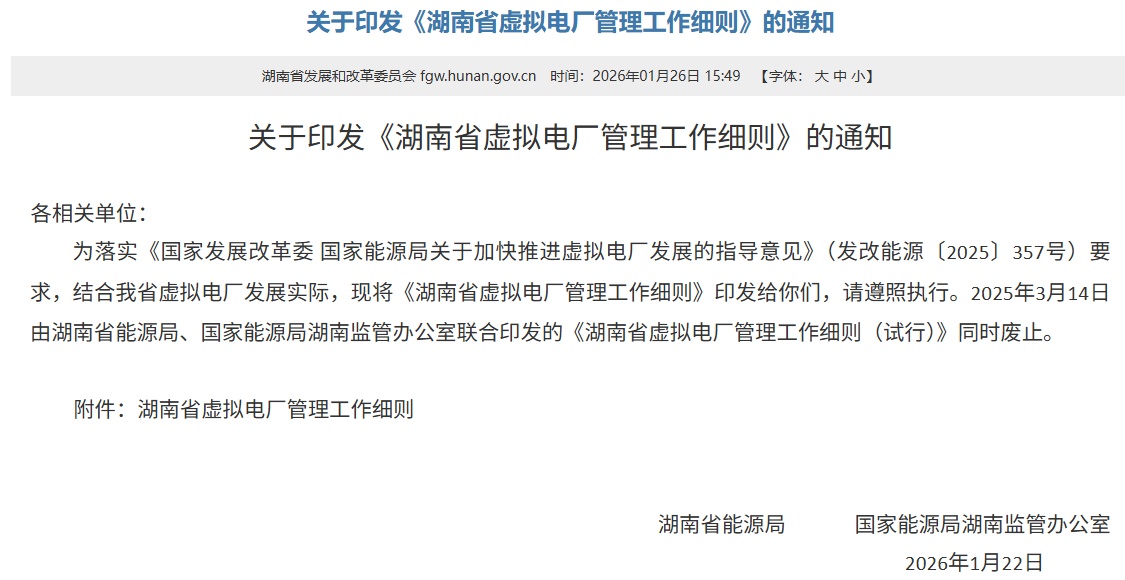 湖南印发虚拟电厂管理细则，鼓励各方参与建设运营