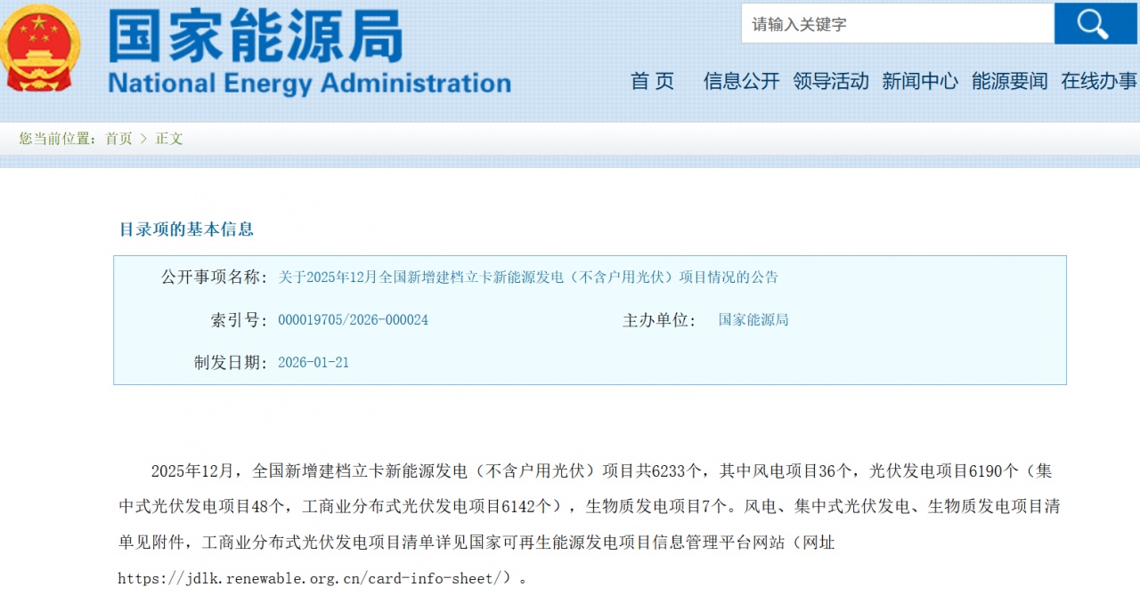 国家能源局发布2025年12月全国新增新能源项目情况