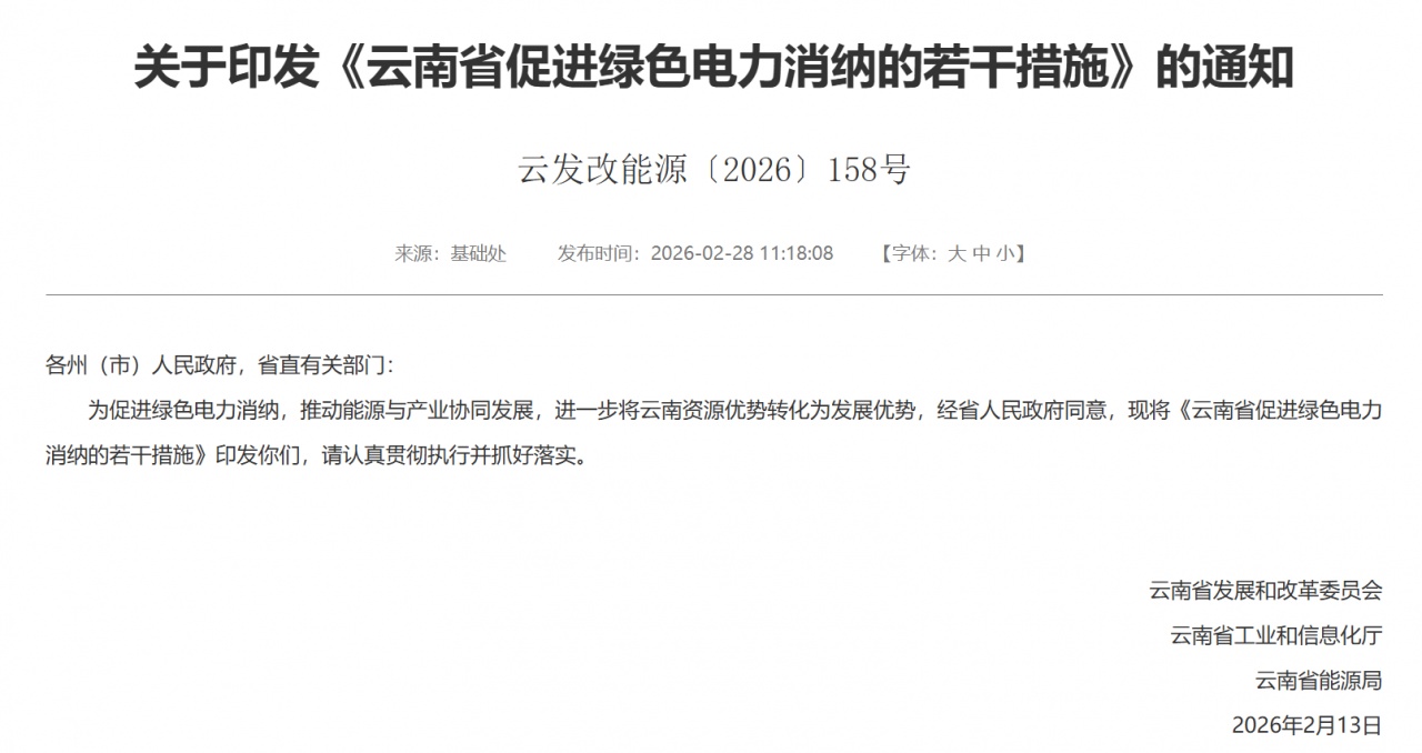 云南省下发促进绿色电力消纳若干措施